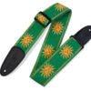 Load image into Gallery viewer, Levy’s Guitar Strap with yellow sun design on green woven fabric, adjustable 2-inch wide, leather ends, and backing