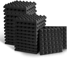 Charger l'image dans la galerie, Stack of black acoustic studio panel foam pyramid wedges for sound absorption and noise reduction
