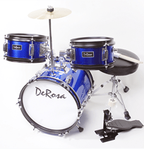 Load image into Gallery viewer, De Rosa USA 3 Piece 12" kids junior drum set with bass drum, snare, tom, cymbal, pedal, sticks, and adjustable stool