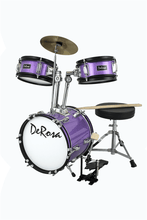 Load image into Gallery viewer, De Rosa USA 3 Piece 12" kids junior drum set with purple birch wood shells and adjustable stool