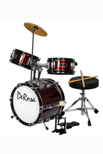 Load image into Gallery viewer, De Rosa USA 3 Piece 12 Inch Kid's Junior Drum Set with bass drum, snare, tom, cymbal, stool, and sticks