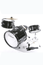 Charger l'image dans la galerie, De Rosa USA 3 piece 16" kids junior drum set with birch wood shells, cymbal, adjustable stool, and drumsticks.