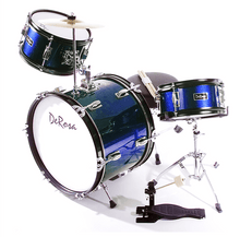 Charger l'image dans la galerie, De Rosa USA 3 piece 16" junior kid's drum set with birch wood shells, cymbal, stool, and drumsticks.