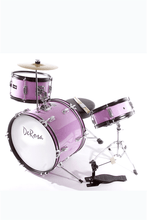 Charger l'image dans la galerie, De Rosa USA 3 piece 16-inch kids junior drum set with bass drum, snare, tom, cymbal, pedal, sticks, and stool in purple