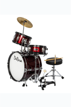 Charger l'image dans la galerie, De Rosa USA 3 Piece 16" Kid's Junior Drum Set with bass drum, snare, tom, cymbal, pedal, sticks, and stool