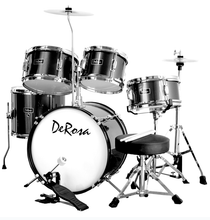Charger l'image dans la galerie, De Rosa USA 5 piece 16" kid's junior drum set with birch wood shells, cymbals, stool, and sticks for ages 3 to 8