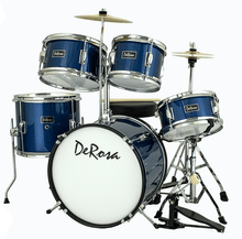 Charger l'image dans la galerie, De Rosa USA 5 piece 16 inch kid's junior drum set with bass drum, snare, toms, cymbal, stool, pedal, and sticks in blue finish