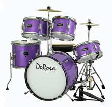 Charger l'image dans la galerie, De Rosa USA 5 piece purple junior drum set for kids with bass drum, snare, toms, cymbals, stool, and accessories