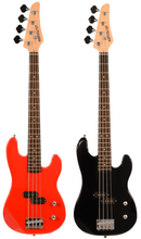 Charger l'image dans la galerie, Huntington USA 4 string short scale electric bass guitars in red and black with maple neck and rosewood fingerboard