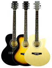 Load image into Gallery viewer, Set of three Huntington USA Thin Line Dreadnought Cutaway Acoustic Guitars in black, sunburst, and natural finishes