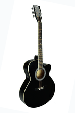 Load image into Gallery viewer, Huntington USA semi acoustic electric guitar with cutaway in black finish and 3 band active EQ pickup system