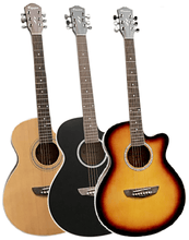 Load image into Gallery viewer, Casme Grand Concert Acoustic Guitars in natural, black, and sunburst finishes with cutaway and rosewood fingerboard