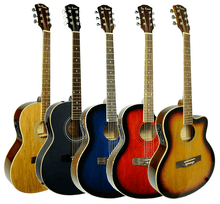 Load image into Gallery viewer, De Rosa USA cutaway acoustic-electric thin body guitars in natural, black, blue, red, and sunburst finishes with rosewood fingerboards and active 4 band EQ system.