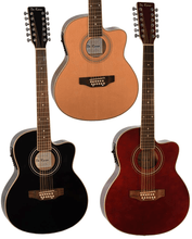 Charger l'image dans la galerie, Three De Rosa USA 12 string thin line acoustic electric guitars with cutaway in natural, black, and red finishes