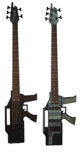 Charger l'image dans la galerie, Glen Burton USA AK475 5-string electric bass guitar shaped like a machine gun with dual single coil pickups and black anodized hardware.