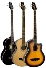 Load image into Gallery viewer, Three De Rosa USA 4 String Acoustic Cutaway Electric Bass Guitars in black, natural, and sunburst finishes