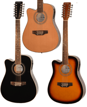 Load image into Gallery viewer, De Rosa USA 12 String left-handed cutaway dreadnought acoustic electric guitar in natural, black, and sunburst finishes with spruce top and sapele back and sides.