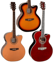 Charger l'image dans la galerie, Glen Burton USA jumbo body acoustic electric cutaway guitars in sunburst, natural, and red finishes with spruce top and sapele back and sides