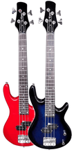 Charger l'image dans la galerie, Glen Burton De Rosa junior 1/2 size electric bass guitars in red and blue with P-style pickups and rosewood fingerboards
