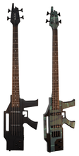 Load image into Gallery viewer, Glen Burton USA AK47 shaped 4-string electric bass guitars with black anodized and camo finishes, dual single coil pickups and rosewood fingerboards.