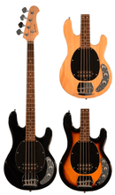 Charger l'image dans la galerie, Three Glen Burton Electric Bass guitars in natural, black, and sunburst finishes with rosewood fingerboards and MM style humbucker pickups