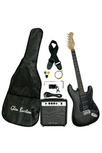 Load image into Gallery viewer, Glen Burton USA solid body Strat style electric guitar package with amp, gig bag, strap, cable, picks, tuner, and extra strings in black finish