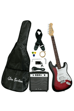 Load image into Gallery viewer, Glen Burton USA solid body strat style electric guitar package with amplifier, tuner, gig bag, strap, cable, picks, and extra strings in red sunburst finish