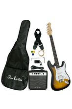Load image into Gallery viewer, Glen Burton USA Strat style electric guitar package with amp, tuner, gig bag, strap, cable, picks, and extra strings in sunburst finish