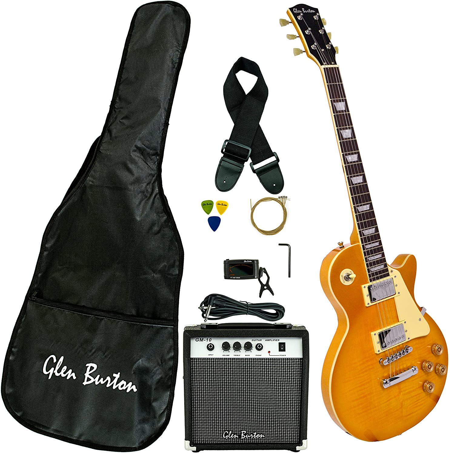 Glen Burton USA Classic Les Paul Style Electric Guitar Package Includes Amp Bag Strap Cable Tuner Picks Extra Set of Strings