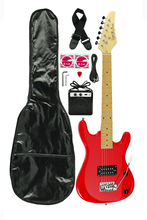Charger l'image dans la galerie, DeRosa USA Viper Junior 3/4 scale red electric guitar combo package with gig bag, amplifier, strap, cables, picks, and accessories