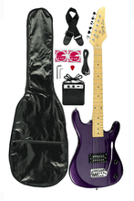 Charger l'image dans la galerie, DeRosa USA Viper Junior 3/4 scale electric guitar combo pack with purple basswood body, maple neck, 3 watt amp, gig bag, strap, picks, and accessories