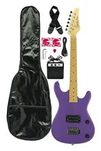 Load image into Gallery viewer, DeRosa USA Viper Junior 3/4 scale purple electric guitar combo pack with 3 watt amp, gig bag, strap, picks, and accessories for kids