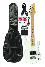 Charger l'image dans la galerie, DeRosa USA Viper Junior 3/4 scale white electric guitar combo pack with amplifier, gig bag, strap, picks, cables, and accessories for kids