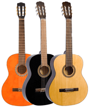 Load image into Gallery viewer, Three Glen Burton classical guitars in orange, black, and natural wood finishes with full-size 39-inch bodies and classical tuners