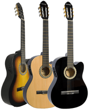 Load image into Gallery viewer, Three Huntington USA Cutaway acoustic electric classical guitars in sunburst, natural, and black finishes.