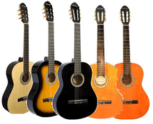 Load image into Gallery viewer, Huntington USA full size classical guitars with nylon strings in various finishes including natural, sunburst, black, and orange