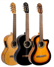 Load image into Gallery viewer, Huntington USA deluxe classical cutaway acoustic electric guitars in natural, black, and sunburst finishes with 4 band active EQ and rosewood fingerboards