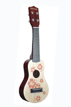 Charger l'image dans la galerie, Children soprano ukulele with Hawaiian floral design and wood soundboard, 20-inch size.
