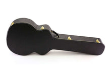 Load image into Gallery viewer, Black hardshell jumbo acoustic guitar case with plush interior and metal fasteners