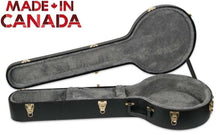 Charger l'image dans la galerie, Open black hardshell banjo case with plush gray interior and gold locking fasteners made in Canada