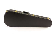 Load image into Gallery viewer, Hardshell tear drop electric guitar case with heavy vinyl cover and plush interior lining, black exterior with gold hardware.