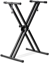 Charger l'image dans la galerie, Adjustable black double braced X style keyboard stand with non-slip rubber end caps and locking straps for stability and easy transport