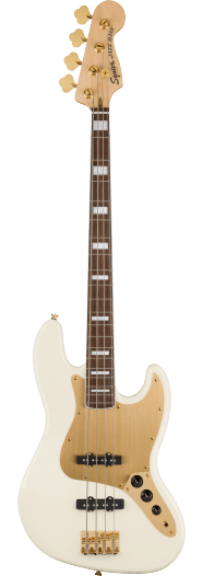 Squier 40th Anniversary Jazz Bass®, Gold Edition, Laurel Fingerboard, Gold Anodized Pickguard, Olympic White - See Description