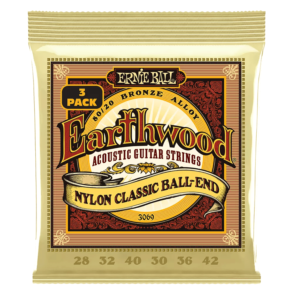 Ernie Ball Earthwood Folk Nylon, Clear & Gold w/Ball End 80/20 Bronze Acoustic Strings, 28-42 - 3 Pack