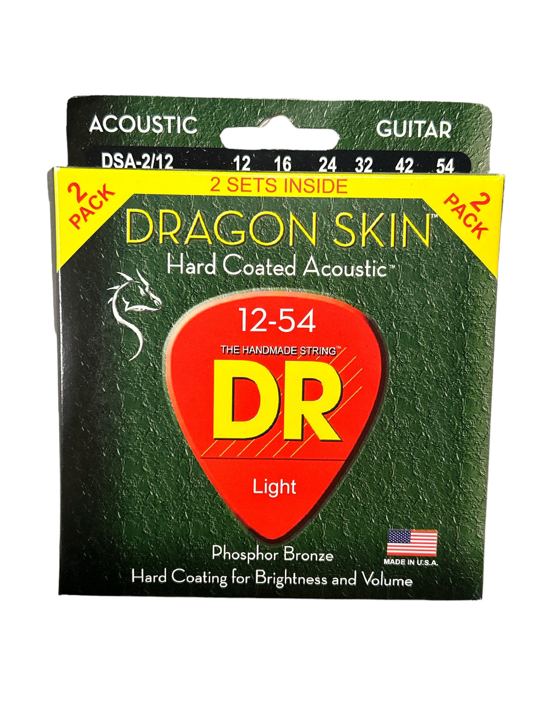 DR Strings DSA-12 Dragon Skin Clear Coated Acoustic Guitar Strings Light Gauge 2 PACK 12-54