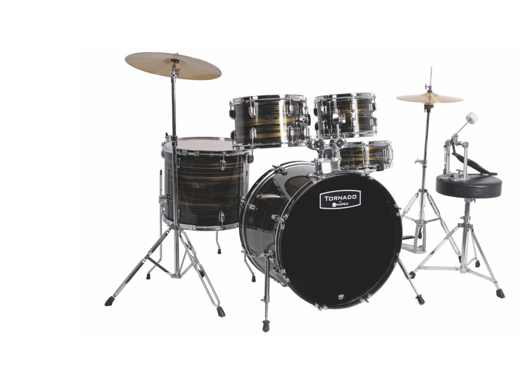 Mapex Tornado Limited Edition 5-Piece Drum Kit (22,10,12,16,SD) with Cymbals and Hardware - Ebony Yellow Grain