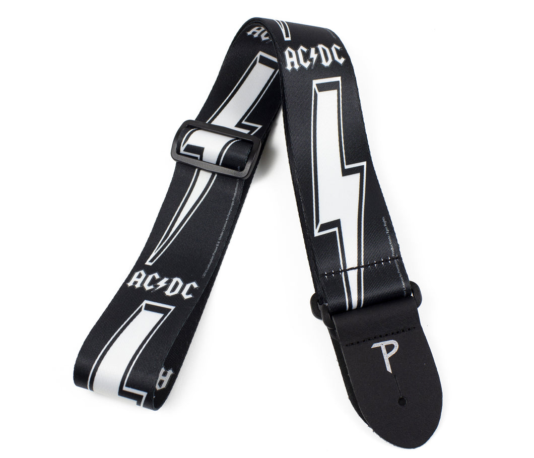 OFFICIAL LICENSING AC/DC WHITE LOGO AND BOLT ON BLACK POLYESTER GUITAR STRAP