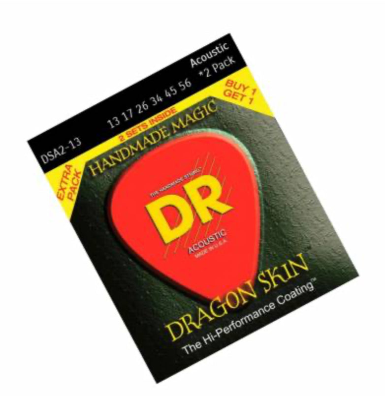 DR Strings DSA-2/13 Dragon Skin Clear Coated Acoustic Guitar Strings Medium Gauge 13-56 2 Pack