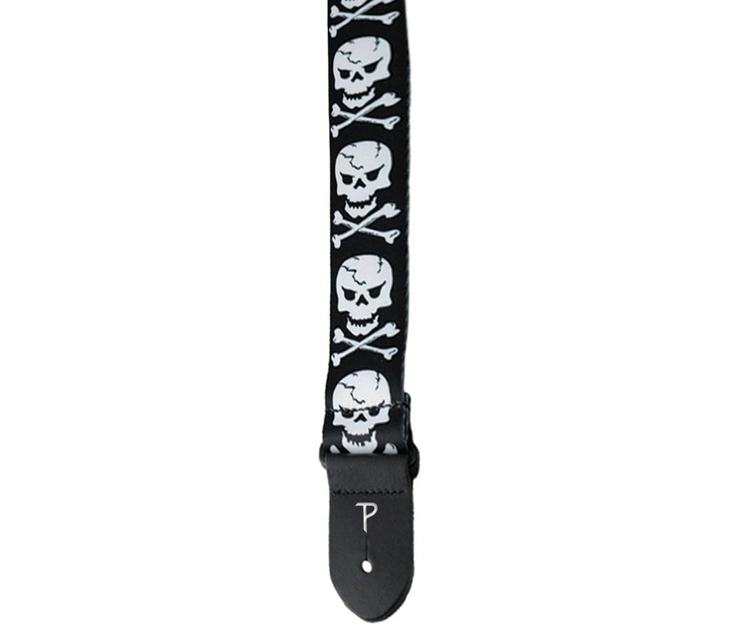 2” SKULL AND CROSS BONES DESIGN ON POLYESTER GUITAR STRAP