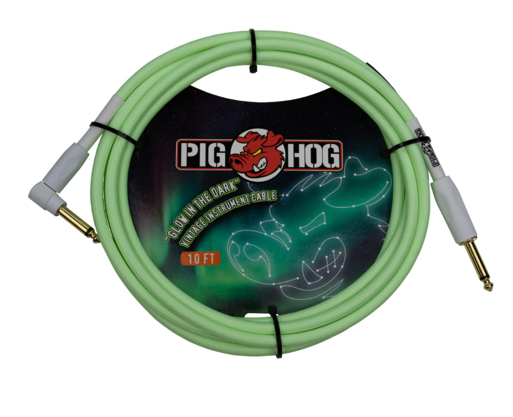 PIG HOG GLOW IN THE DARK INSTRUMENT CABLE, PCH10GLOR RIGHT ANGLE 10FT